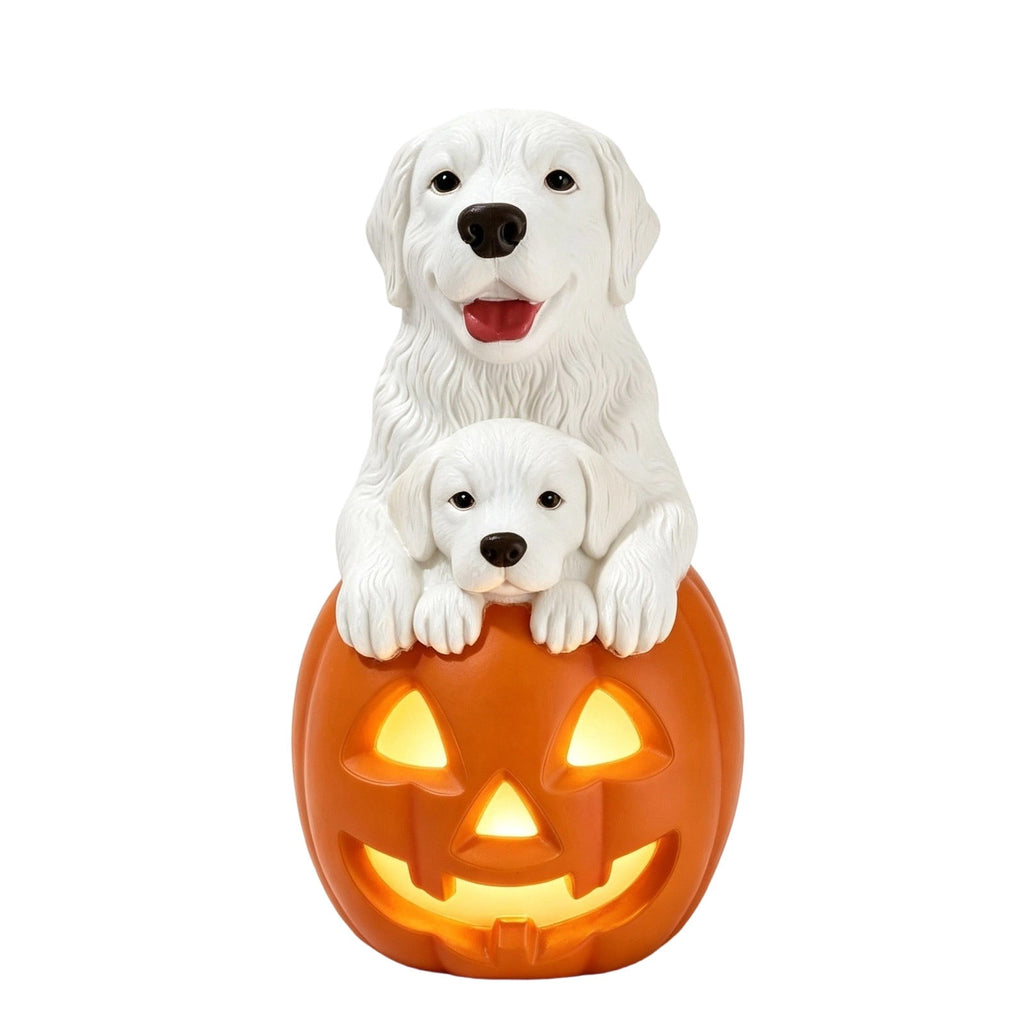 Lighted Scarecrow Bull Terrier Halloween Blow Mold, Cute Puppy Pumpkin Hat Halloween Decor, Resin Ornament for Patio Yard Tabletop Home Decoration, 8"