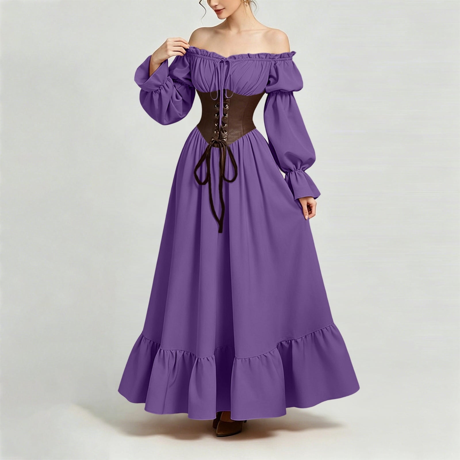 QATAINLAV Renaissance Costume Women Vintage Medieval Dress Cold Shoulder Short Sleeve Peasant Pirate Irish Maxi Dresses, Black, L