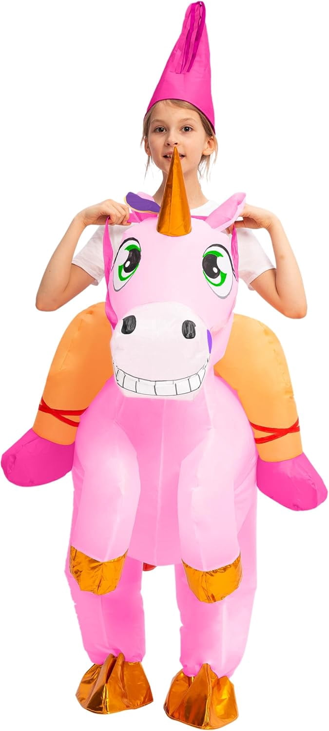 Joyfy Halloween Inflatable Unicorn Costume for Kids, Full Body Blow Up Ride on Unicorn Costume with Hood for Halloween Dress Up Party