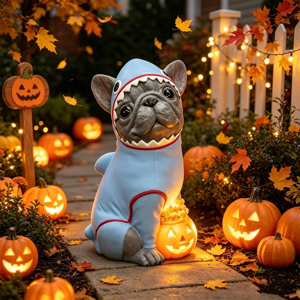 Gray Frenchie in Shark Costume Blow Mold, Halloween French Bulldog Statue with Light Up Pumpkin Decor, Cute Resin Outdoor Indoor Tabletop Dog Ornament, Entryway Patio Yard Decoration, 8"