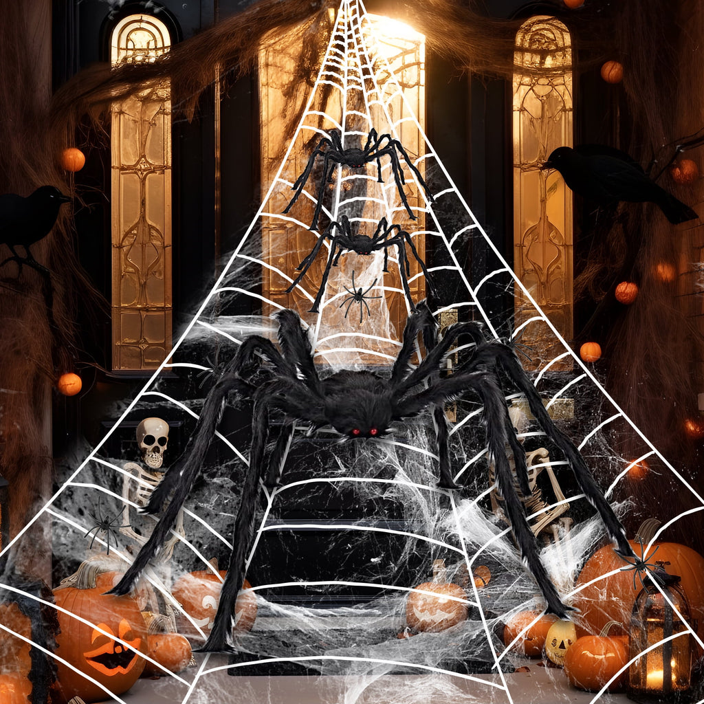 JEEXI Full Set of Halloween Decorations Outdoor 200'' Triangular Spider Web +3 Giant Fake Red Eyes Spiders, Halloween Décor Indoor for Home, Outside Yard Costumes Party Haunted House Garden Lawn
