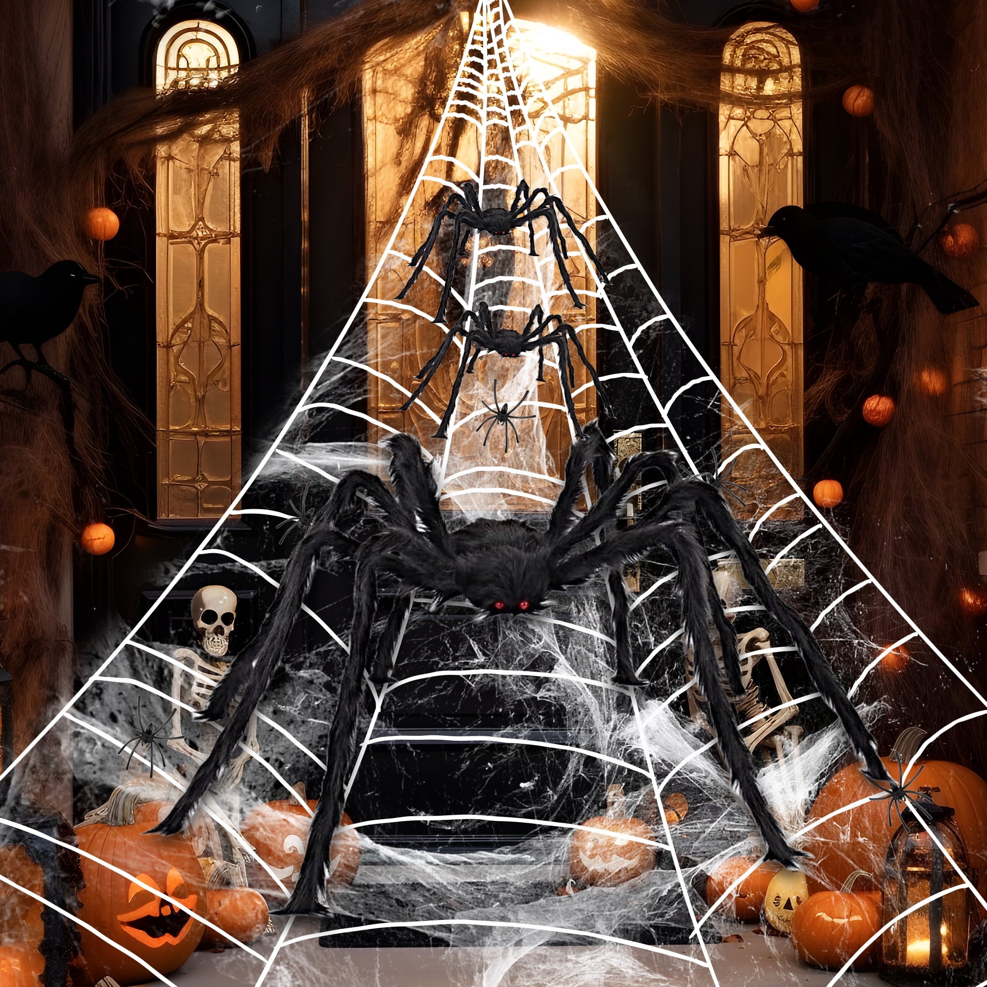 JEEXI Full Set of Halloween Decorations Outdoor 200'' Triangular Spider Web +3 Giant Fake Red Eyes Spiders, Halloween Décor Indoor for Home, Outside Yard Costumes Party Haunted House Garden Lawn
