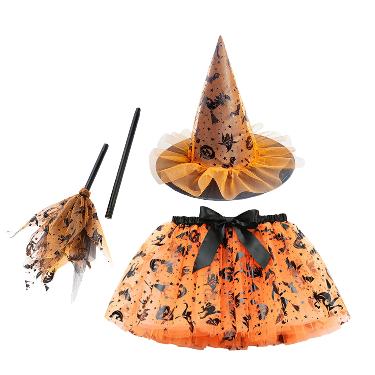 choiix Witch Tutu Skirt and Hat Set with Broomstick Halloween Costume Outfit with Printed Tulle Skirt and Witch Hat Cosplay Outfit for Party 100