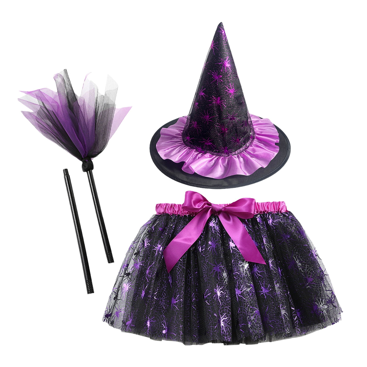 choiix Witch Tutu Skirt and Hat Set with Broomstick Halloween Costume Outfit with Printed Tulle Skirt and Witch Hat Cosplay Outfit for Party 100