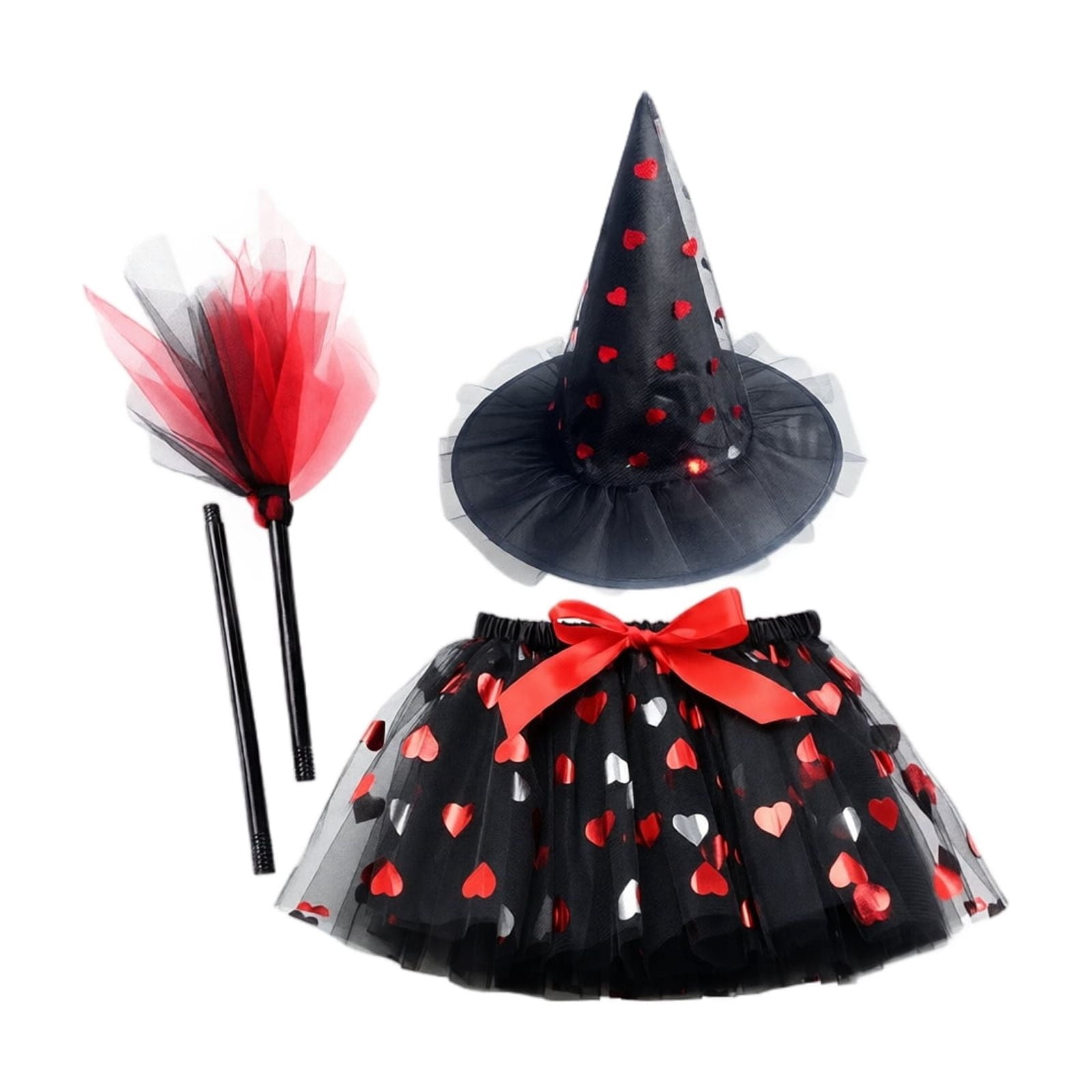 choiix Witch Tutu Skirt and Hat Set with Broomstick Halloween Costume Outfit with Printed Tulle Skirt and Witch Hat Cosplay Outfit for Party 100