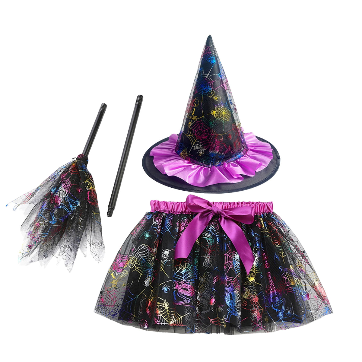 choiix Witch Tutu Skirt and Hat Set with Broomstick Halloween Costume Outfit with Printed Tulle Skirt and Witch Hat Cosplay Outfit for Party 100