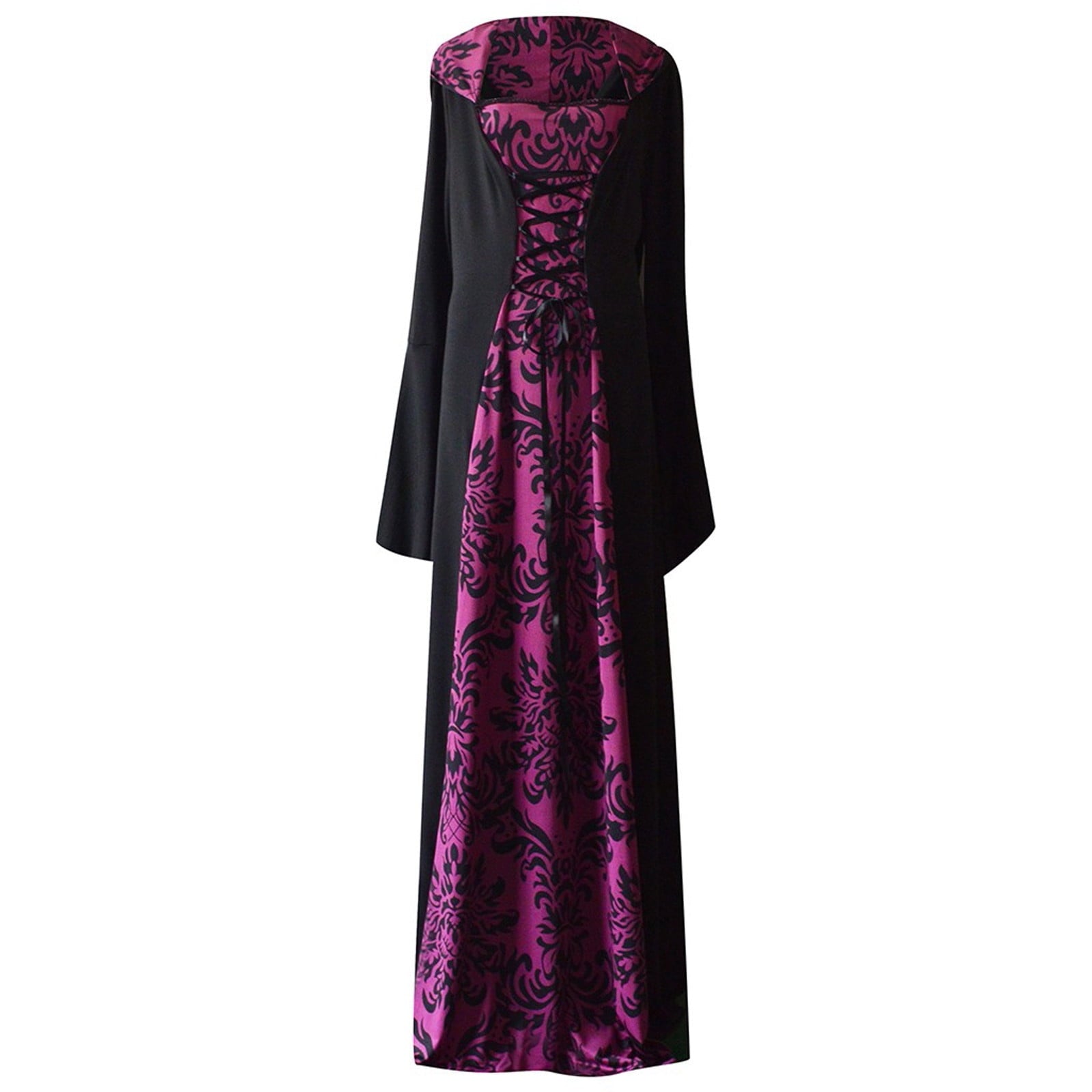 Medieval Damask Gown, Renaissance Witch Costume, Halloween Vampire Dress, Bell Sleeve Hooded Gown, Women Victorian Gothic Hooded Witch Dress Vampire Sorceress Vintage Renaissance Ball Gown, Red L