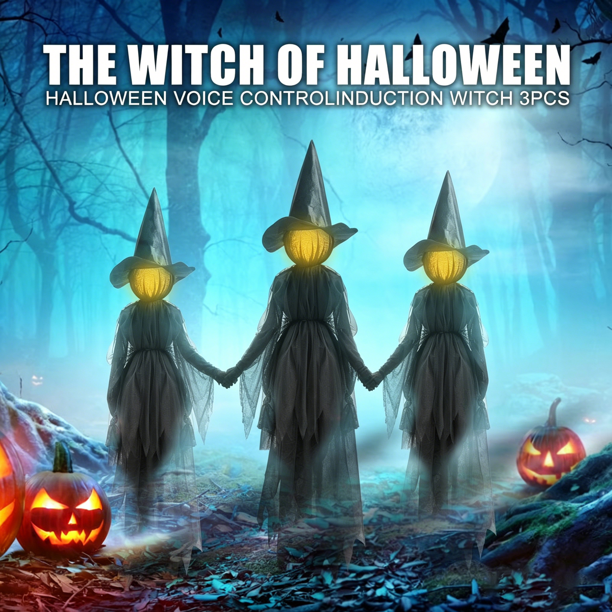 3PCS Halloween Holding Hands Screaming Witches Sound Decorations,Large Light Up Holding Hands Screaming Witches Decor for Home Outside Yard Lawn Garden Party Decoraciones