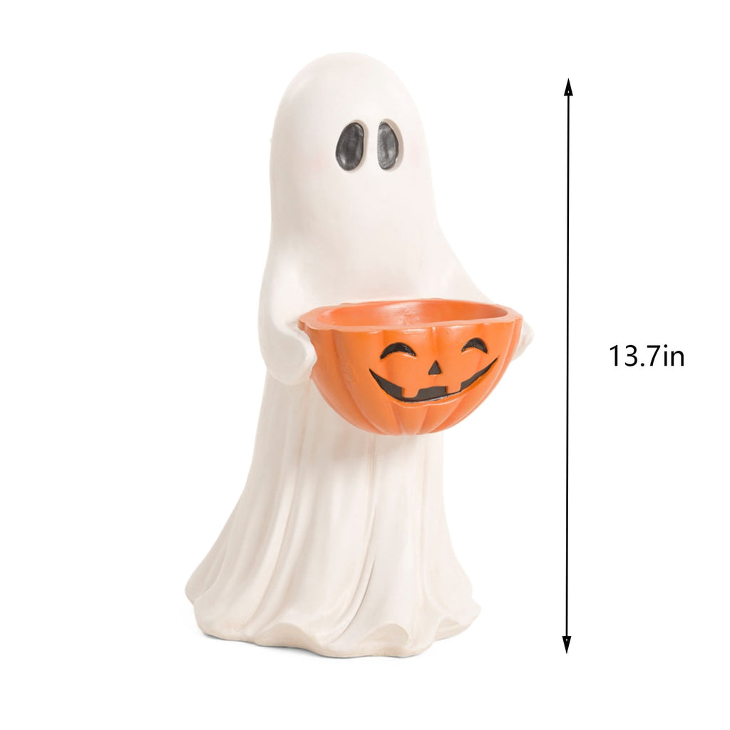 Cute Reading Ghost in Teacup Figurine, Resin Ghost Statue with Pink Bow Heart Floral Cup, Table Centrepiece Tiered Tray Desk Shelf Decor, Small Halloween Decorations, 4.5 Inch