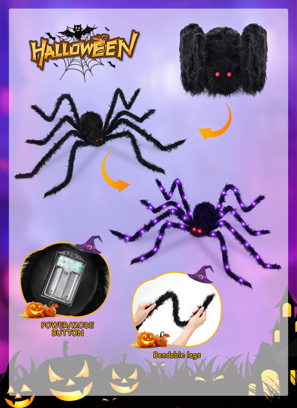 Halloween Decorations Outdoor Spider Webs: 1Pcs Giant Spiders - 200'' Triangular Web with Hook - Stretch Web and Ground Stakes for Large Halloween Decor and Haunted House Decoration