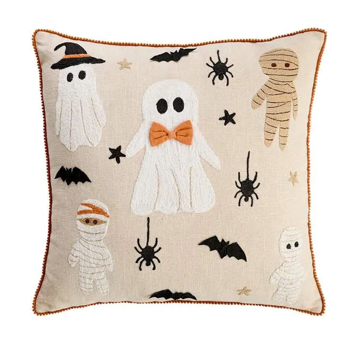 Yeciiwht Halloween Throw Pillow Cover – 18*18inch Embroidered Linen Cushion Case with Ghost, Mummy & Bat Designs, Invisible Zipper, Machine Washable