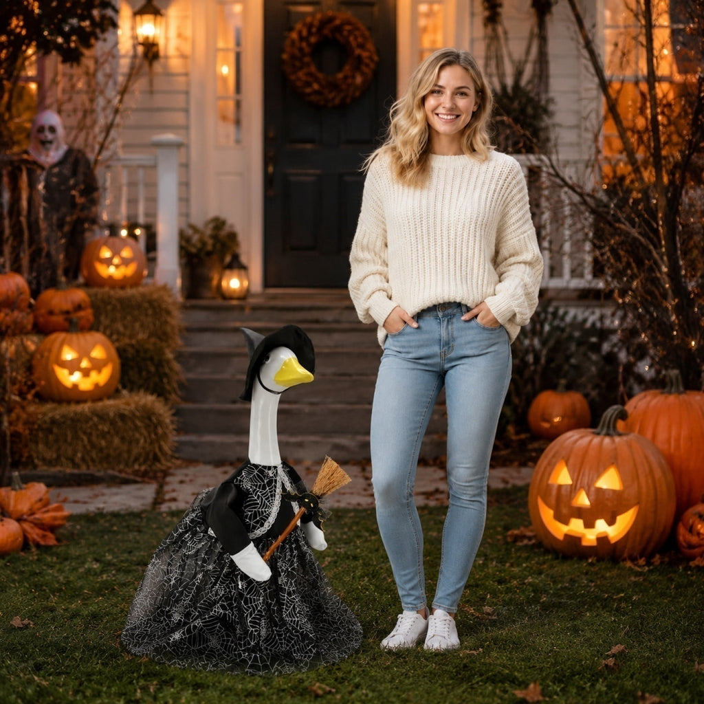 Outdoor Holiday Yard Decor, 23 Inch Porch Goose Outfits, Halloween Pumpkin Themed Porch Goose Clothes, Porch Goose Set with Hat and Treat Bag, Fits Standard 23 Inch Large Porch