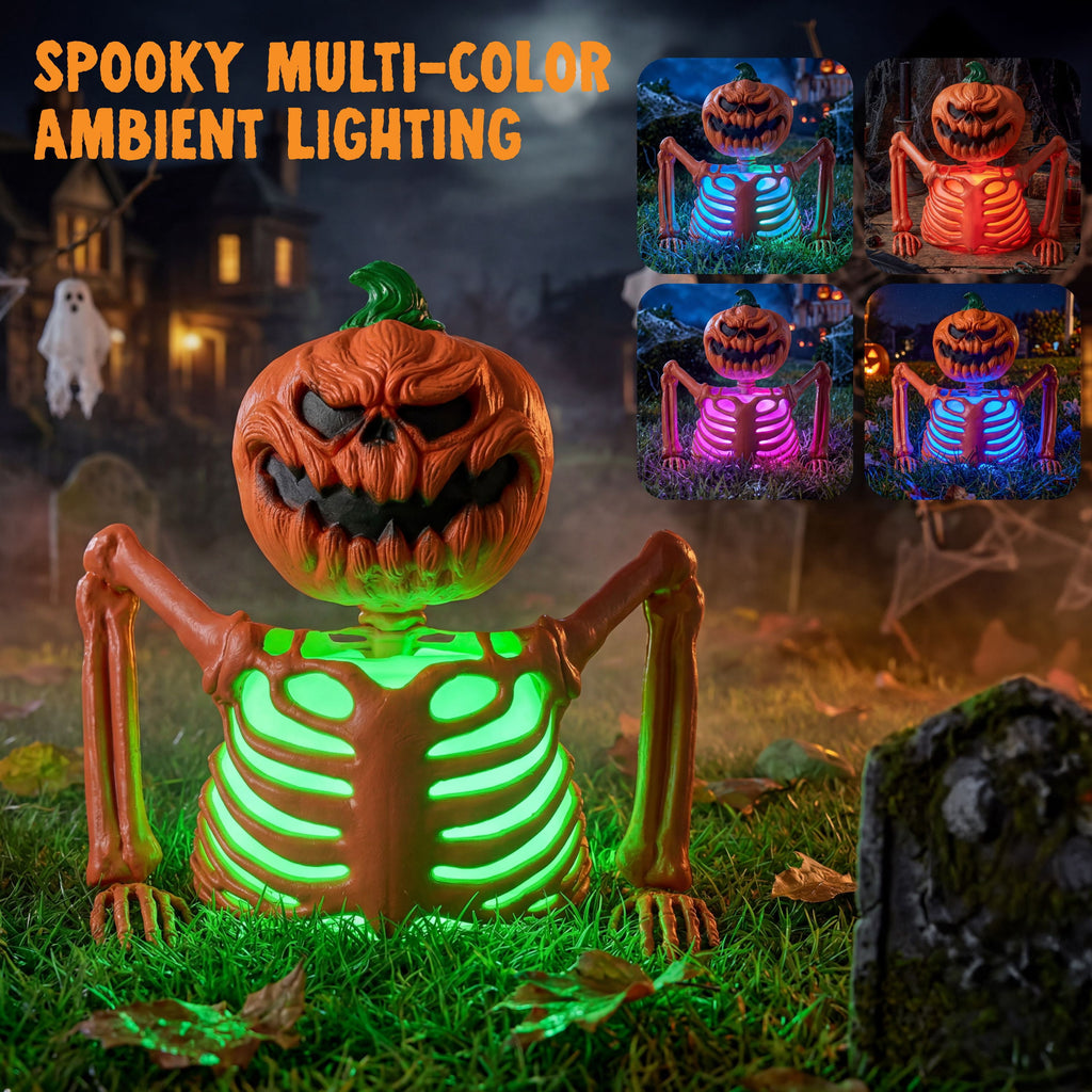 Joyfy Halloween LED Light Up Skeleton Pumpkin Table Decor,Multicolor Lighted Pumpkin Skeleton Ornament Indoor Outdoor Desk & Party Tabletop Decoration Supplies (10x8.6inch)