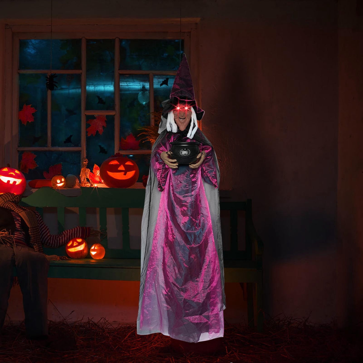 Halloween Animatronics Witch Clearance, Voice Activated Purple Escape Haunt Halloween House Décor & Fright Fest Prop, Life Size Animated Halloween Decoration Outdoor
