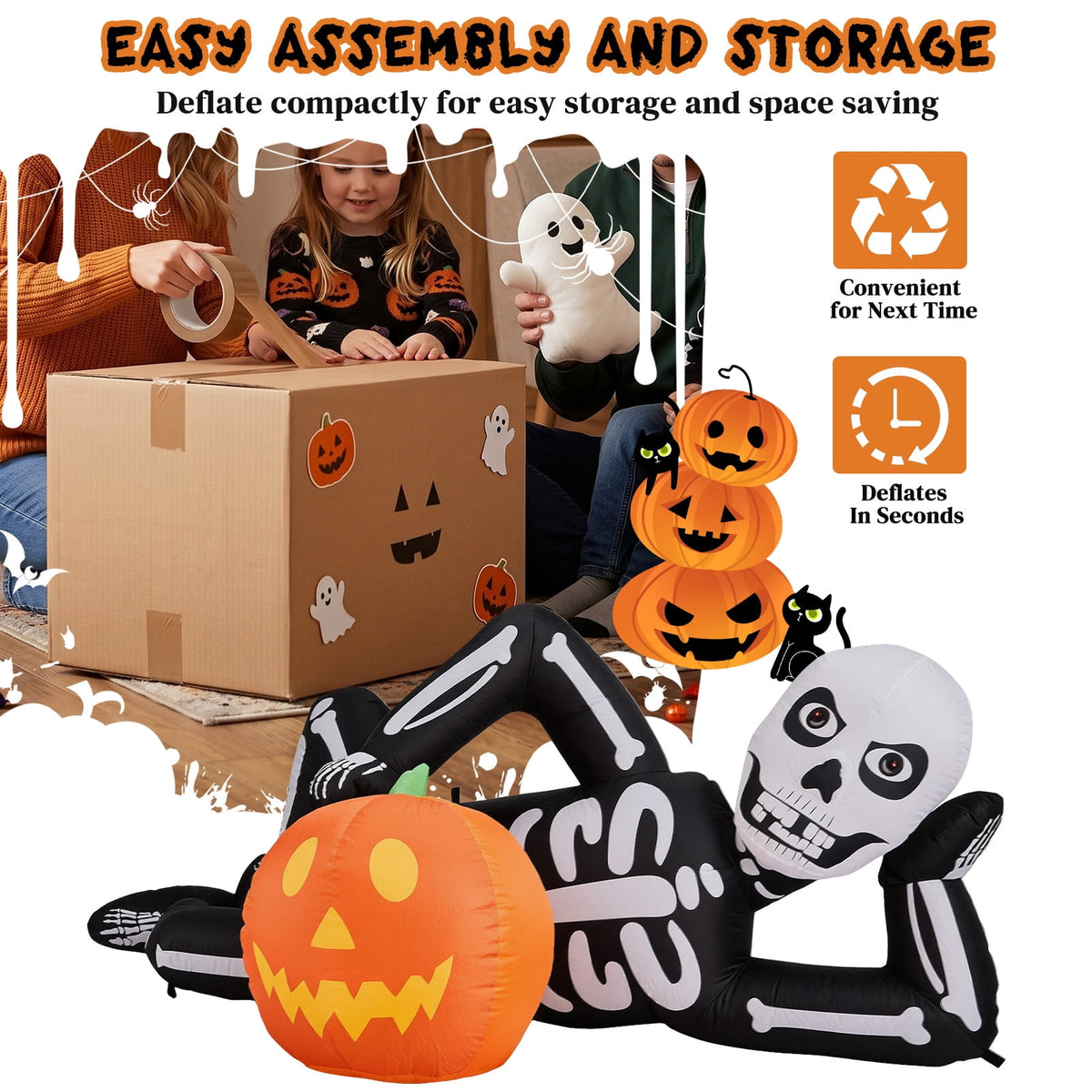 7ft Halloween Inflatable Lying Skeleton with 7 LED Lights for Lawn Decor