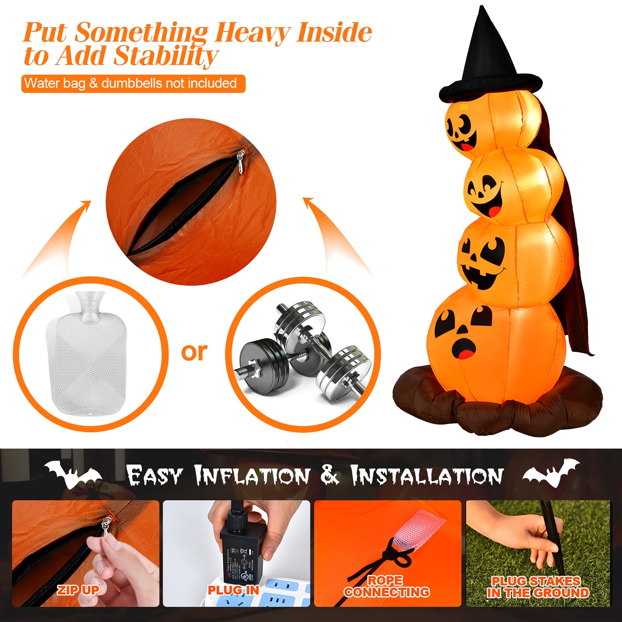 Costway 6.8FT Halloween Inflatable Pumpkin Combo Blow up Pumpkins w/ Witch’s Hat