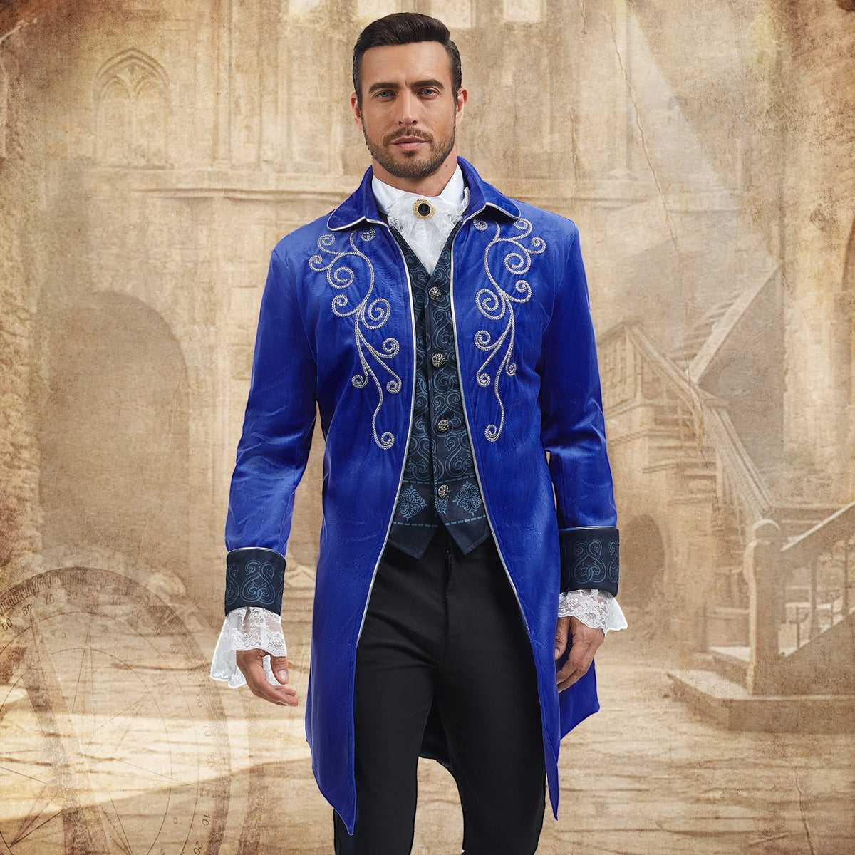 MYATED Medieval Steampunk Tailcoat for Men,Gothic Victorian Frock Coat Renaissance Pirate Jackets Halloween Party Cosplay Costumes,Blue,S