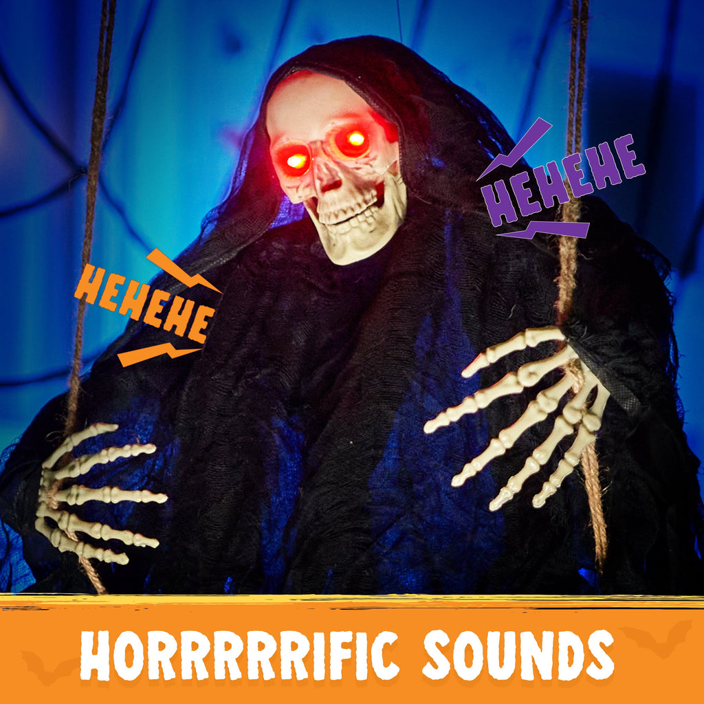 Joyfy 3 FT Halloween Hanging Swinging Skeleton,Light Up Creepy Grim Reaper with Black Hood Decorations for Halloween Hanging Decorations Indoor Outdoor Yard Home Decorations