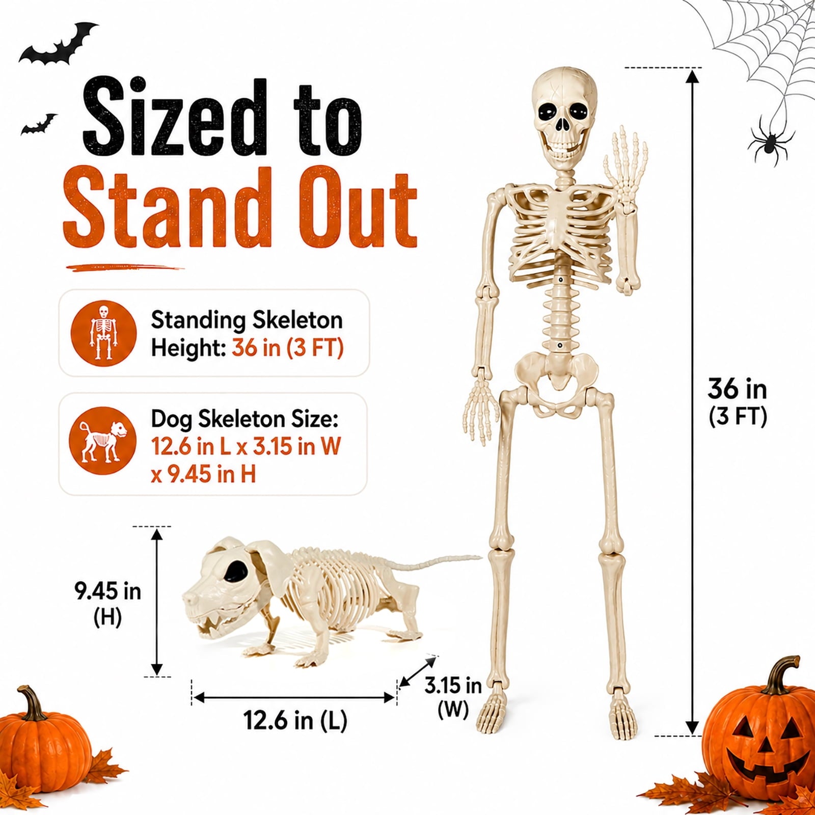 DAKIMOE Halloween Outdoor Decoration Skeleton with Skeleton Dog & Leash 2.9 Ft Skeleton Walking Dog Halloween Party Decoration Yard Lawn Garden Patio Party Decor