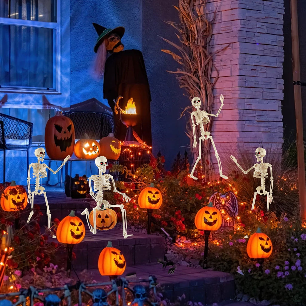 Yalumo Skeleton Halloween Decorations, 4 Pack 16” Full Body Posable Skeleton with Movable Joints, Small Plastic Skeleton Props for Haunted Houses, Graveyards, Yards, Spooky Party Indoor Outdoor Decor