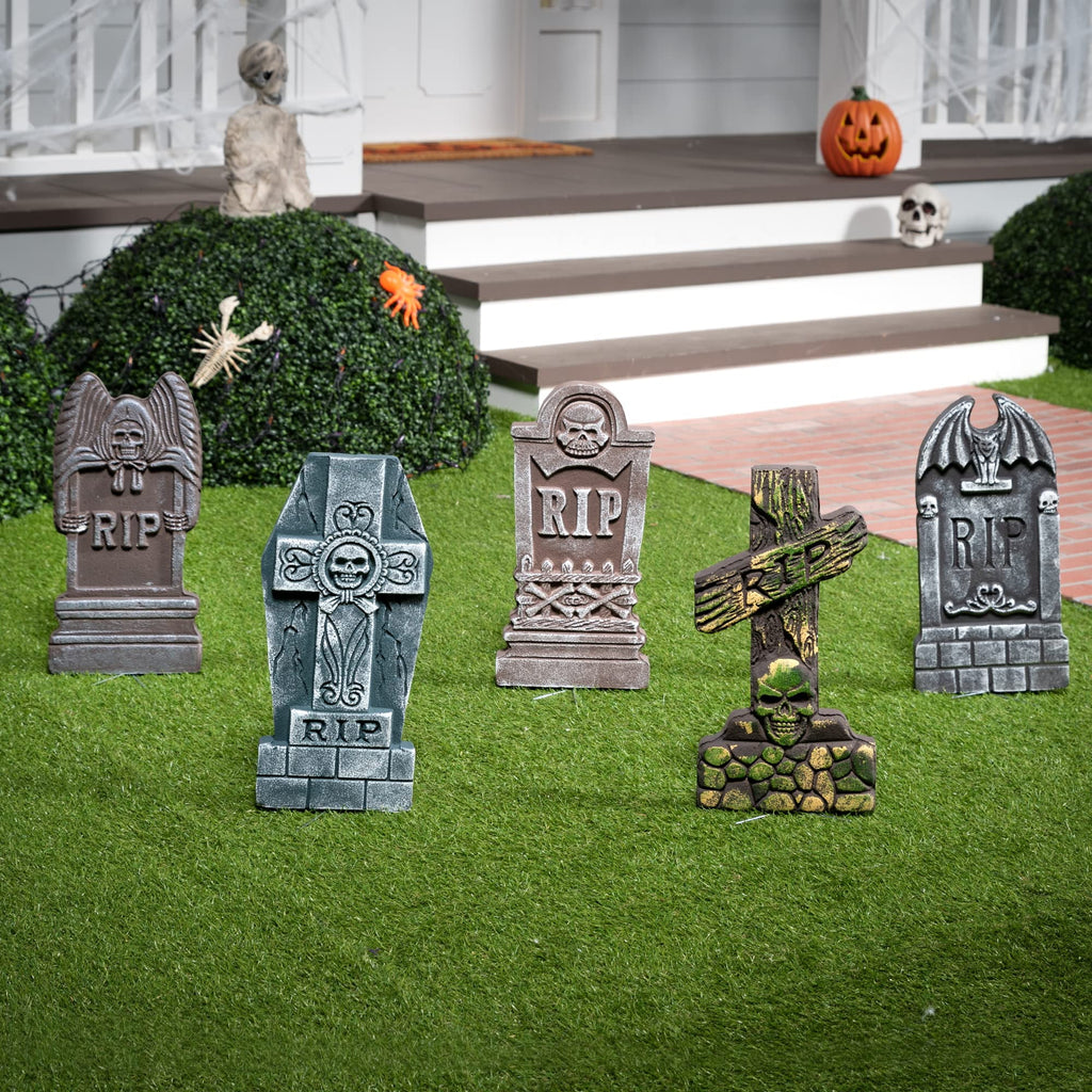 Joyfy 17" Halloween 5 Pack Tombstone Decorations, Foam RIP Graveyard Signs Cemetery Headstones Scary Outdoor Indoor Halloween Decor with 12 Metal Stakes for Easy Set Up, Waterproof for Garden Lawn