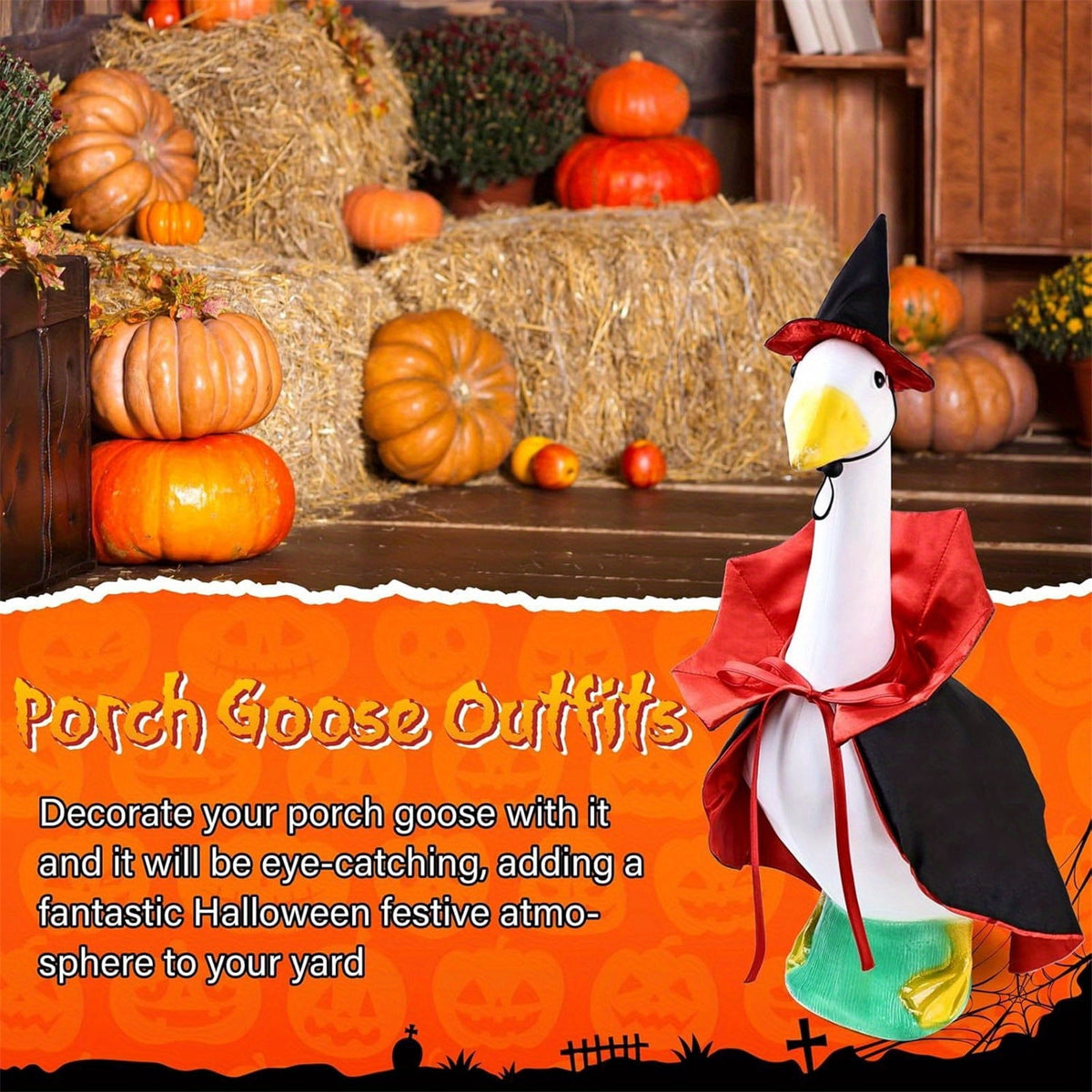 Bat Witch Hat Spiderweb Halloween Goose Clothes Fit 17/23In Cement Plastic Lawn Goose, Stylish Full Set for Outdoor Yard Patio Garden Seasonal Halloween Home Ornamental Arrangement