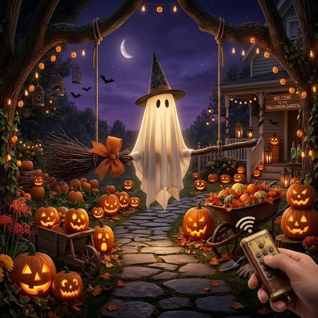 5 FT DIY Hanging Swing Ghost Halloween Decor, Light-Up Flying Ghost on Broomstick with Witch Hat, Spooky Cute Outdoor Halloween Decorations for Front Porch Yard Tree (Remote-controlled light-up )