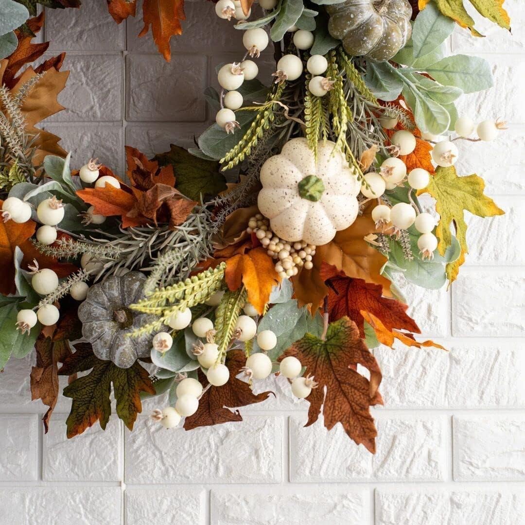 Artificial Fall Wreaths for Front Door Rustic Autumn Wreath with Pumpkin,Rose,Berry Branchesm,Mixed Leaves Thanksgiving Wreath Fall Door Wreath for Halloween Thanksgiving Indoor Outdoor Decor (B17.7)