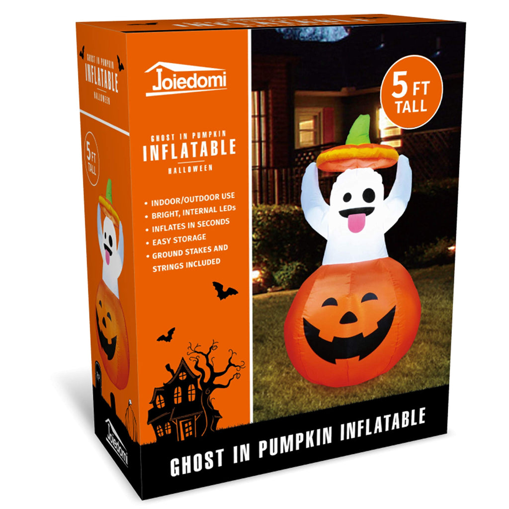 Joyfy 5ft Halloween Inflatables Light up Cute Ghost,Blow Up Ghost Lift Pumpkin Candy Bag with Build-in LEDs for Yard Decorations