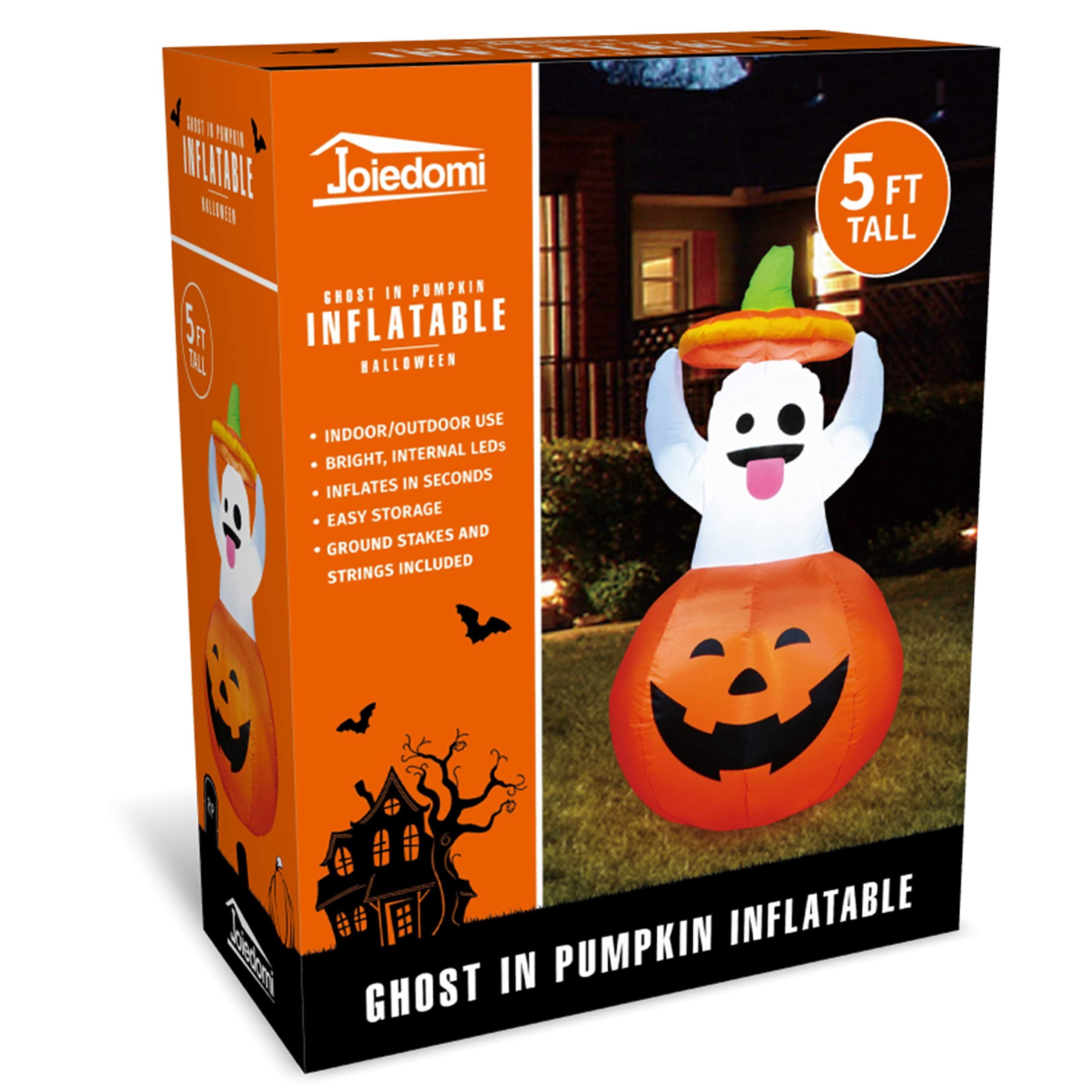 Joyfy 5ft Halloween Inflatables Light up Cute Ghost,Blow Up Ghost Lift Pumpkin Candy Bag with Build-in LEDs for Yard Decorations