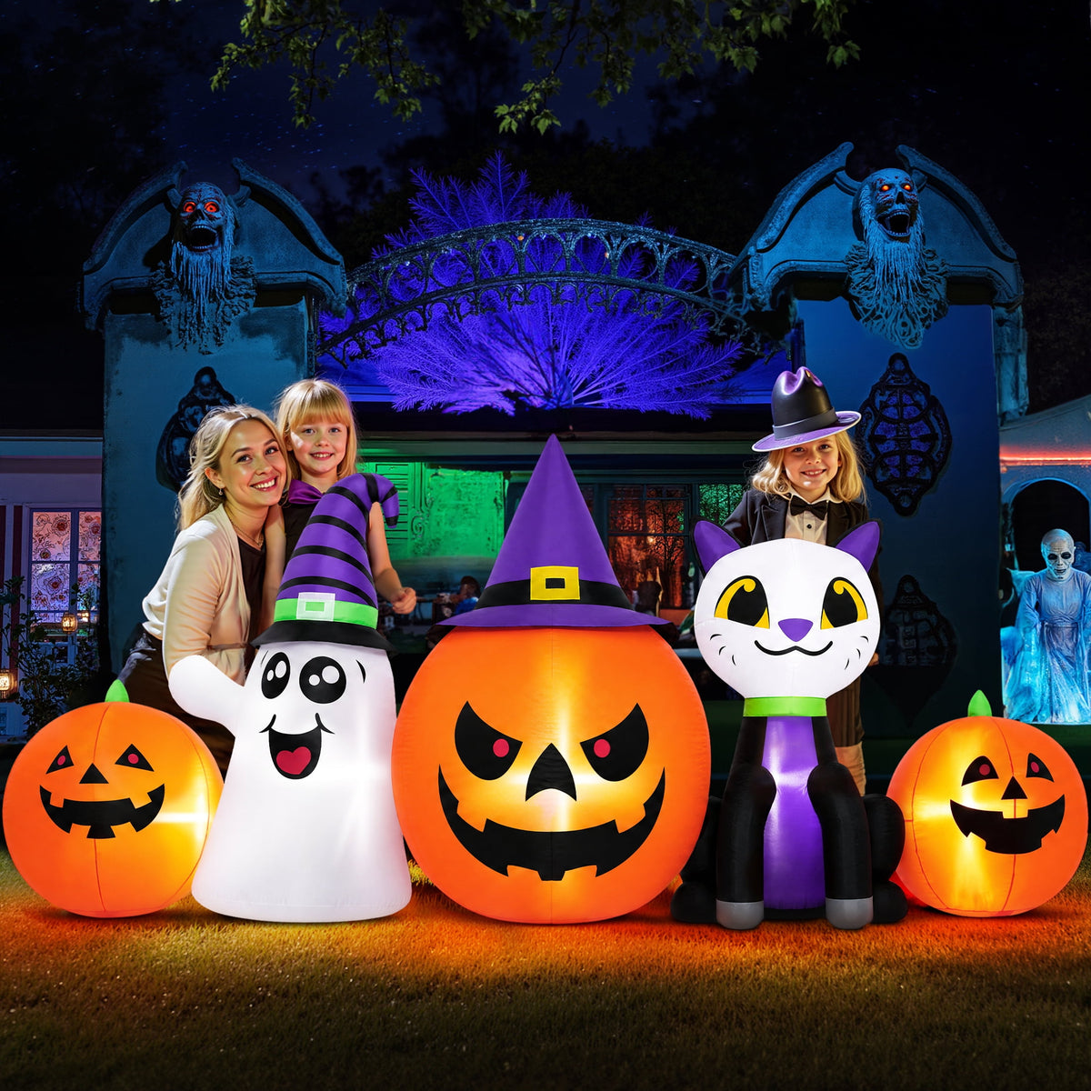 Firstness 8FT Halloween Inflatable Pumpkins Ghost Cat with Lights,Blow ups Outdoor Decorations for Yard