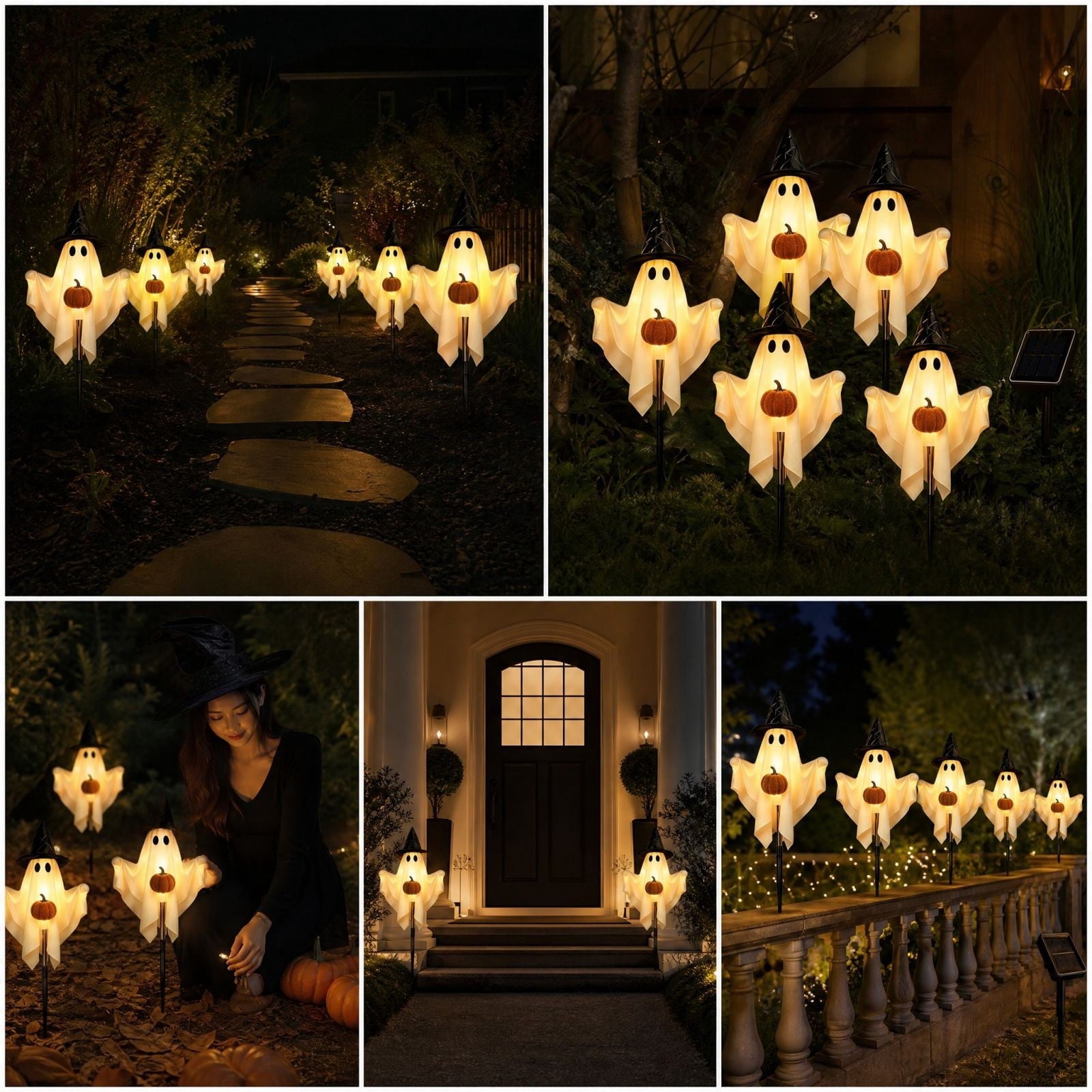 1-Pack Halloween Solar Lights with 8 Lighting Modes - Light Up Ghost Decorations for Outdoor, Witch Hat With Dimensional Pumpkin Halloween Ghost Path Lights