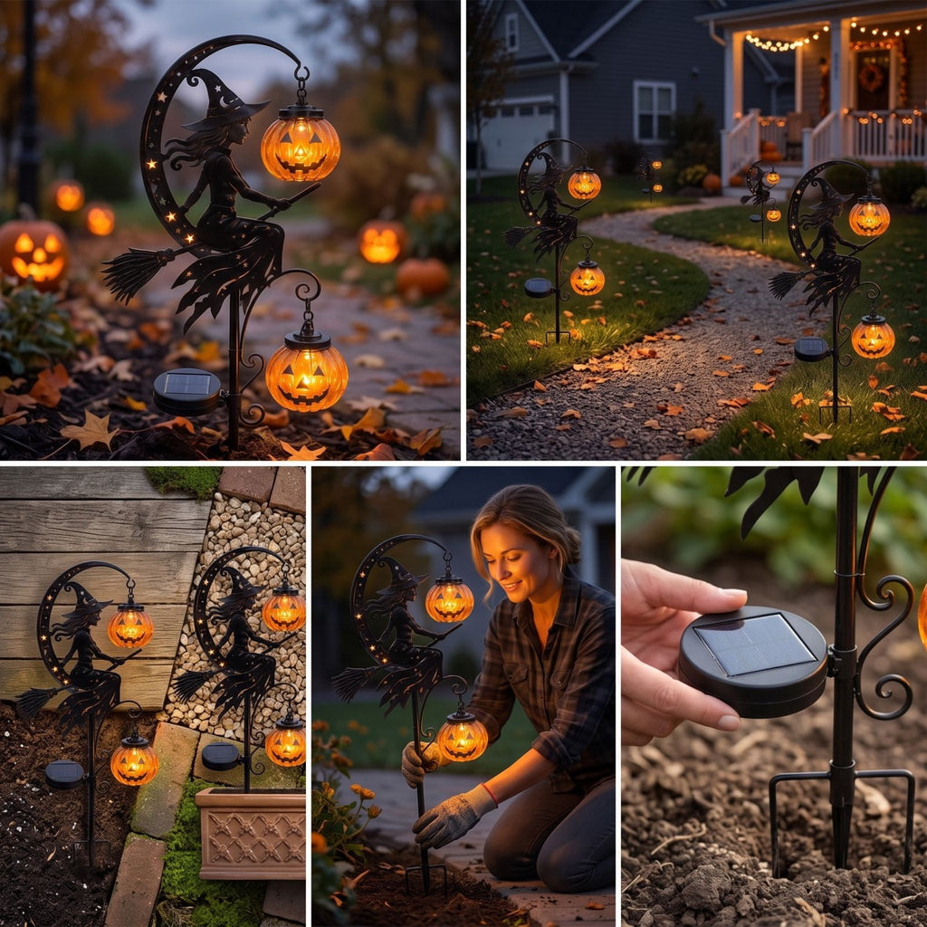 Halloween Crescent Moon Pumpkin Solar Stake Light, Star Hollow Cutout Ground Lamp, Anti Rust Halloween Decorations Party for Yard Walkway black