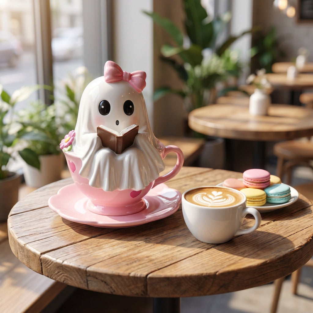 Cute Reading Ghost in Teacup Figurine, Resin Ghost Statue with Pink Bow Heart Floral Cup, Table Centrepiece Tiered Tray Desk Shelf Decor, Small Halloween Decorations, 4.5 Inch