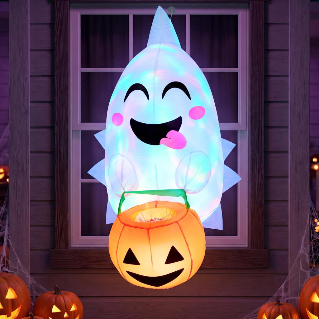 Joyfy 4.5 FT Halloween Inflatable Decorations Outdoor Scary Flying Ghost Broke Out from Window with Built-in LED Blow Up Inflatable for Window Decoration Yard Garden Lawn Decor