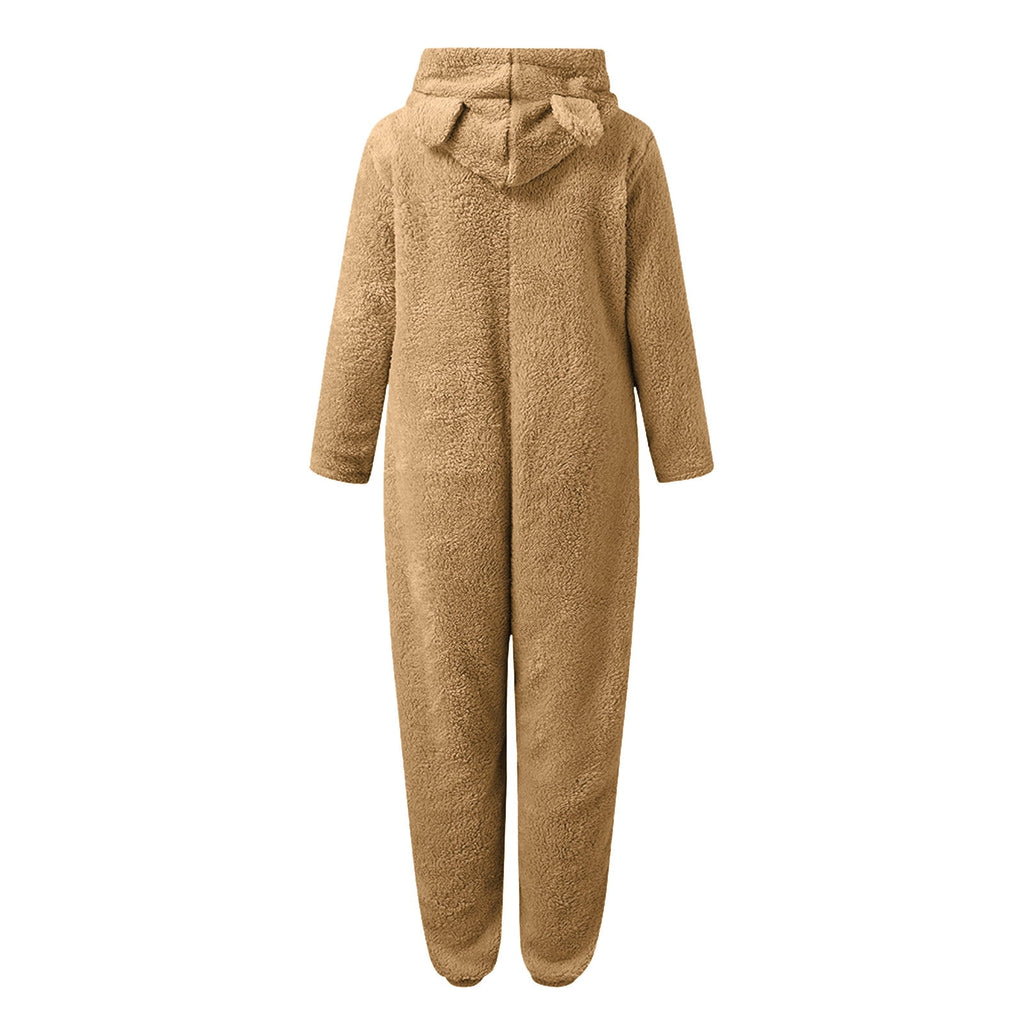QATAINLAV Sherpa Fleece Jumpsuit for Women Winter Warm Fuzzy Onesie Pajamas Cute Cat Hooded Romper Casual Zip Up Overalls Sleepwear Black XL