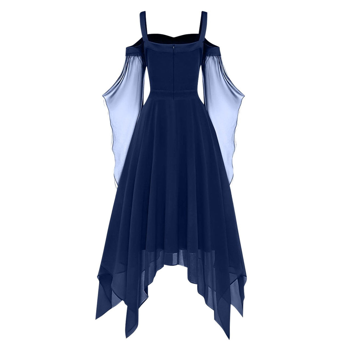 Women Gothic Cold Shoulder Midi Dress, Sheer Flare Bell Sleeve Front Corset Irregular Witch Costume Dress, Adult Halloween Dark Aesthetic Vintage Formal Evening Cosplay Party Outfit(Navy-2/M)