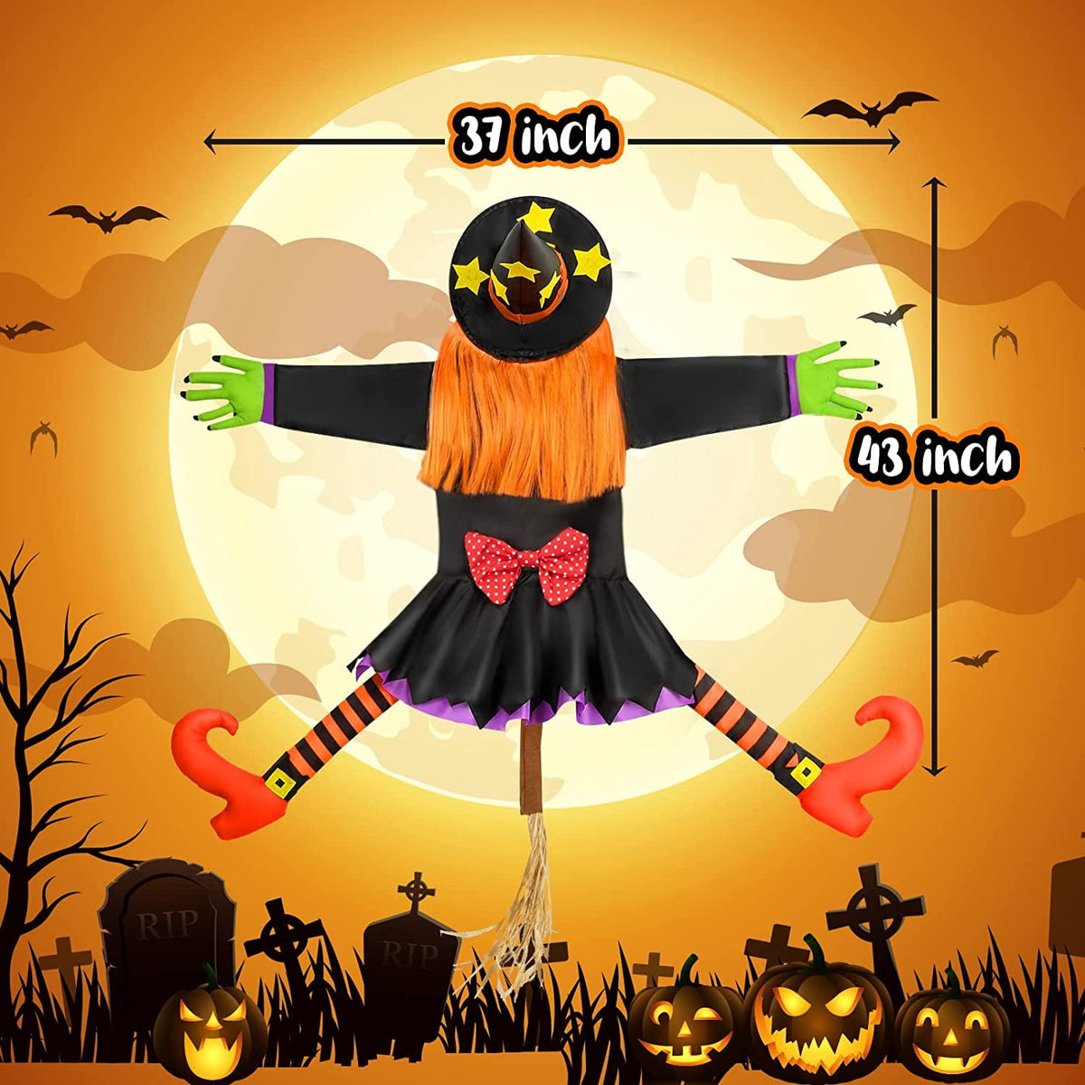 DAKIMOE Halloween Decoration Outdoor Witches Crashing Into Tree with Colorful LED Lights Crashed Witch Props Halloween Hanging Decorations for Indoor House Outdoor Yard Patio Decor 44''x33'' Orange