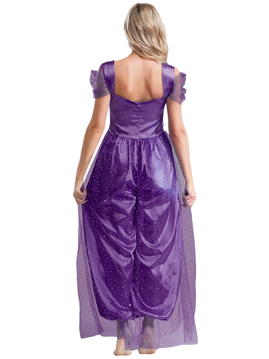 Aislor Women Halloween Arabian Princess Cosplay Costume Sequins Belly Dance Romper Jumpsuit Fancy Dress Lake Blue L