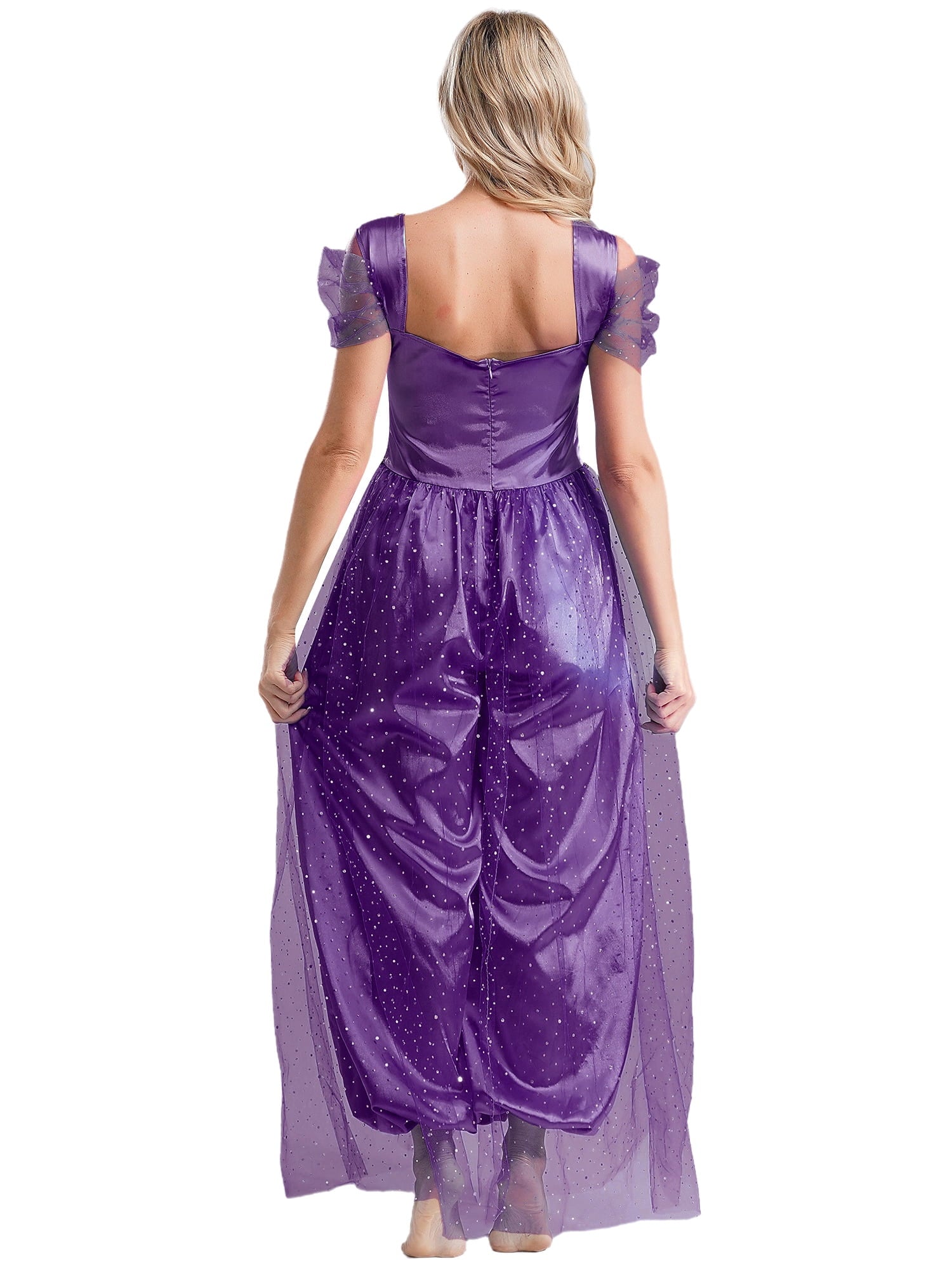 Aislor Women Halloween Arabian Princess Cosplay Costume Sequins Belly Dance Romper Jumpsuit Fancy Dress Lake Blue L