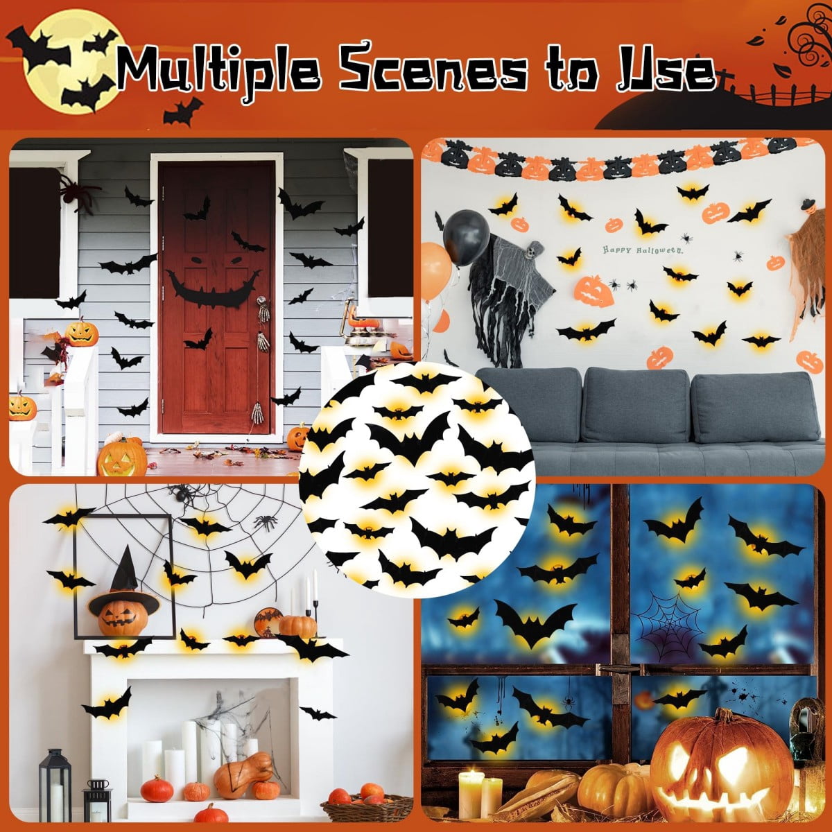 DUHKP 36 Pack Light Up Bats Halloween Decorations, Orange | 3D Stereoscopic Design, Removable Bat Wall Stickers, for Indoor Outdoor Windows & Home Parties