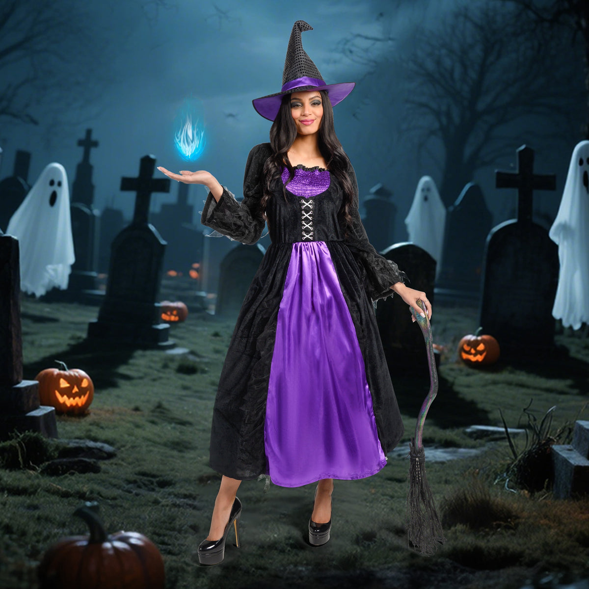 Joyfy Witch Costume for Women, Starry Witch Dress with Belt Hat for Adult Halloween Party Cosplay Dress up