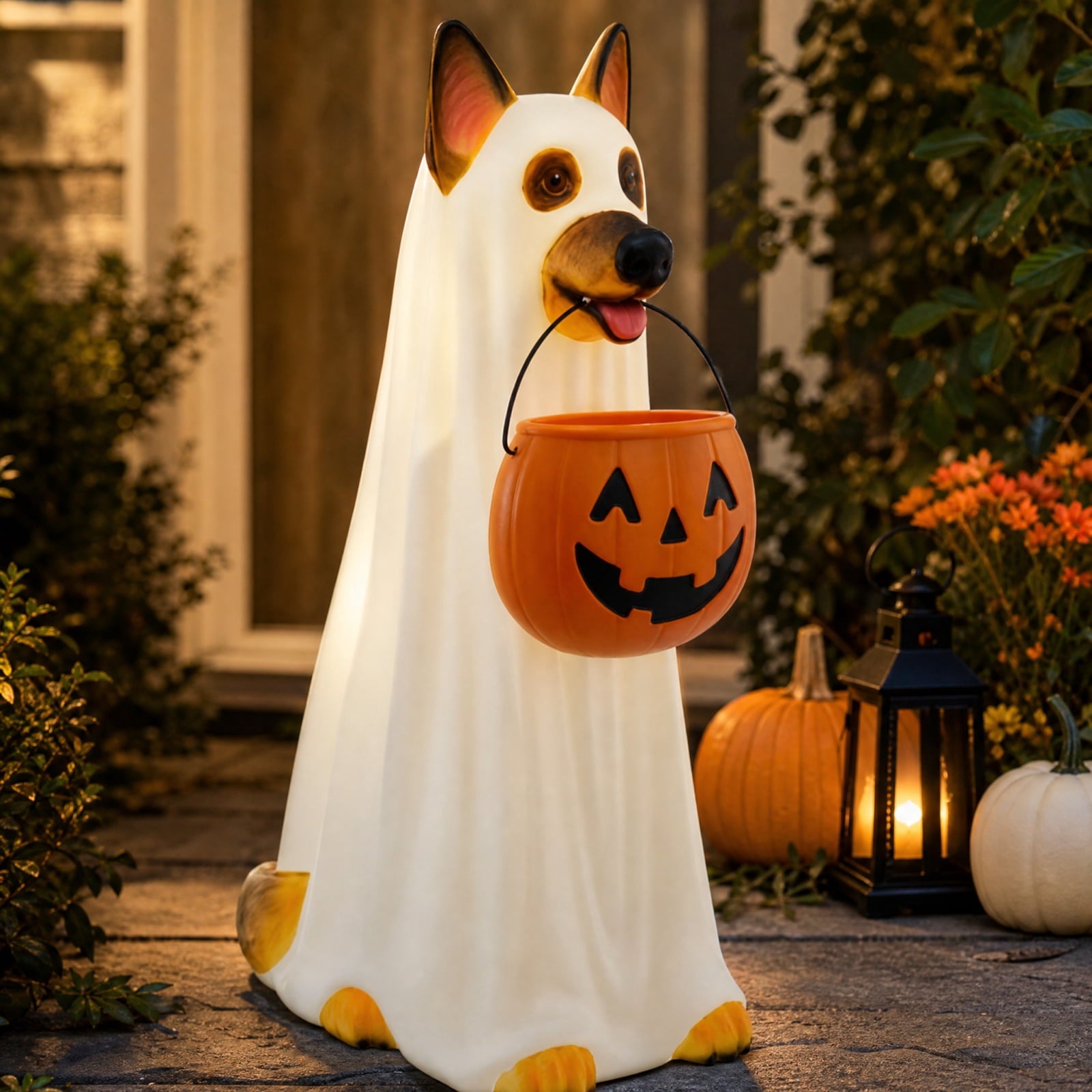 LED German Shepherd Blow Molded Halloween Statue, Light Up Ghost Dog Figure with Pumpkin Candy Bucket, Glowing German Shepherd Halloween Decoration for Outdoor Porch Yard Fall Spooky Season Home