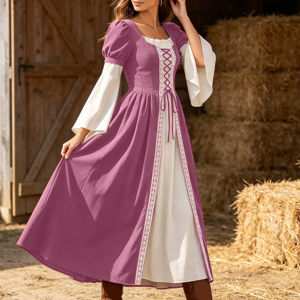 Hurxie Renaissance Costume Women Peasant Medieval Dress Maxi Fairy Dresses with Bell Sleeve Vintage Ren Faire Outfit