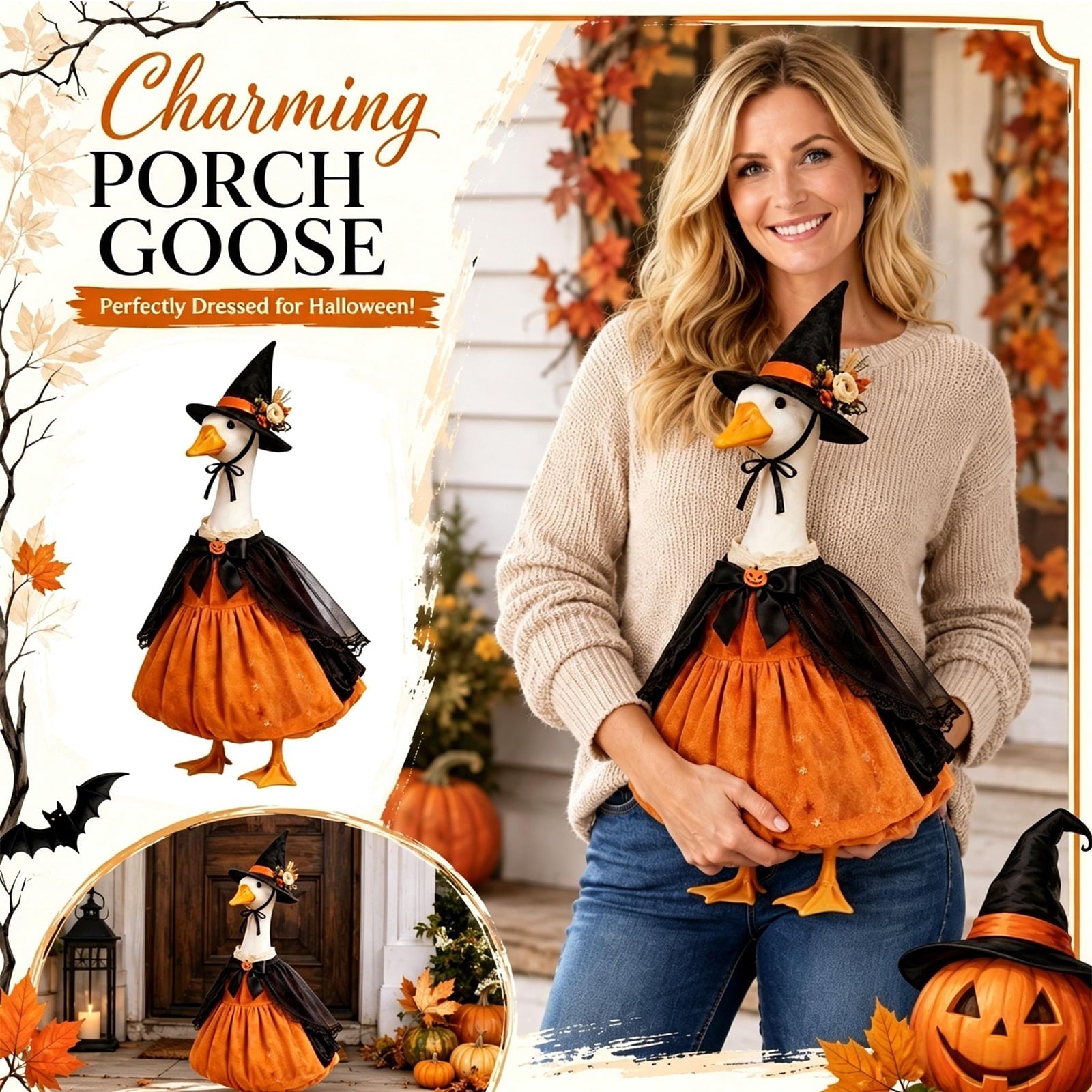 Bat Witch Hat Spiderweb Halloween Goose Clothes Fit 17/23In Cement Plastic Lawn Goose, Stylish Full Set for Outdoor Yard Patio Garden Seasonal Halloween Home Ornamental Arrangement