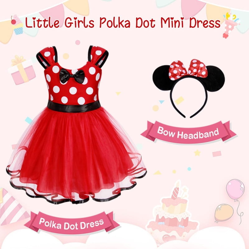 Jurebecia Girls Red Polka Dot Tutu Dress with Bow Headband, Baby Toddler Party Costume for Birthday & Cosplay (110 cm)