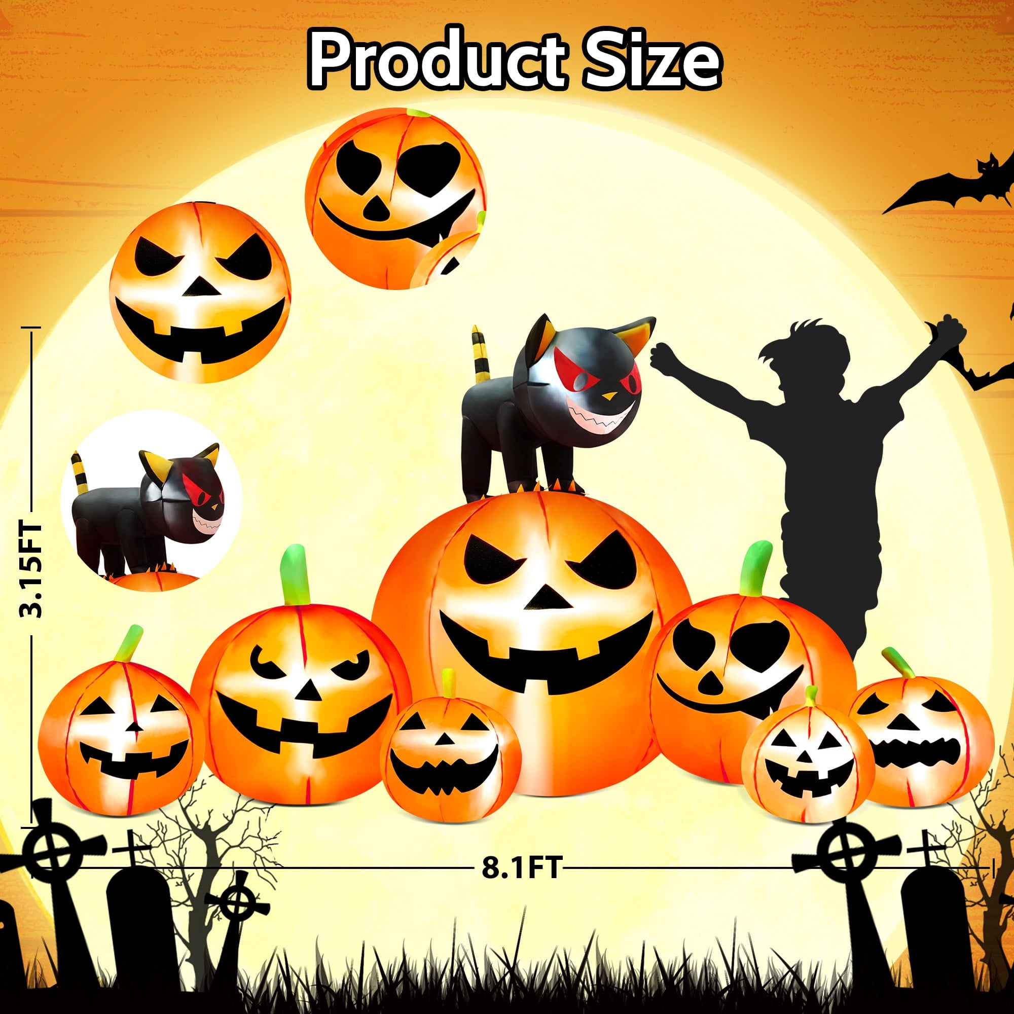 Yexmas 8.7ft Halloween Inflatables Pumpkins 7 Blow Up Decor with Witches Hat, Built-in LED Lights for Halloween Party, Yard, Garden, Lawn