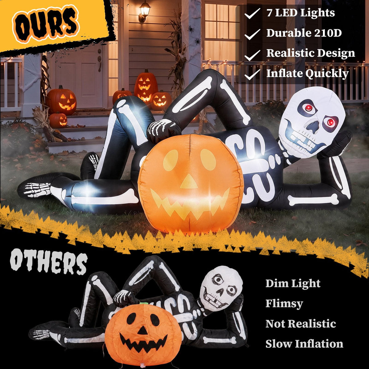 Ktaxon 7' Halloween Inflatables Skeleton Outdoor Halloween Decoration Reclining Skeleton with Pumpkin,Built-In LED Lights