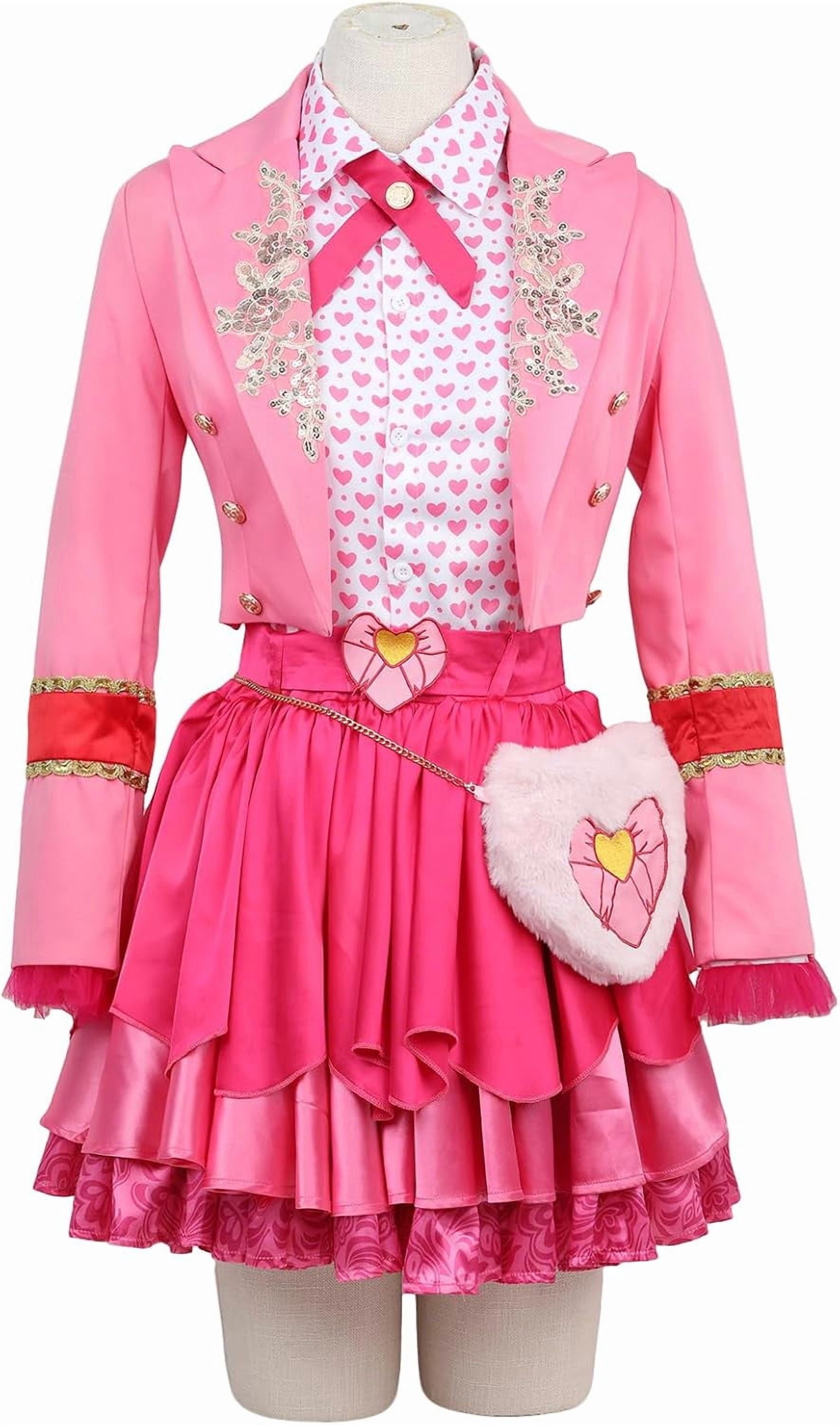 Satmonnus Women's Pink Princess Costume Set, Adult Halloween Cosplay Outfit with Heart Print Jacket, Layered Skirt & Fuzzy Bag, Fancy Dress Up for Themed Parties