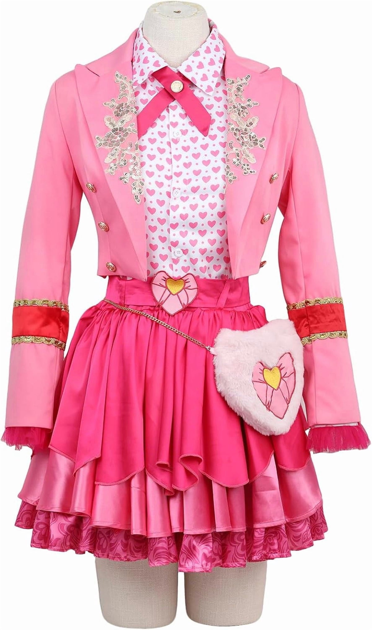 Guvpev G'irls Halloween Princess Costume, Pink Princess Dress Full Set with Heart Print Jacket, Shirt, Layered Skirt & Fuzzy Bag, Halloween Cosplay Outfits for Birthday Party & Fancy Dress Up